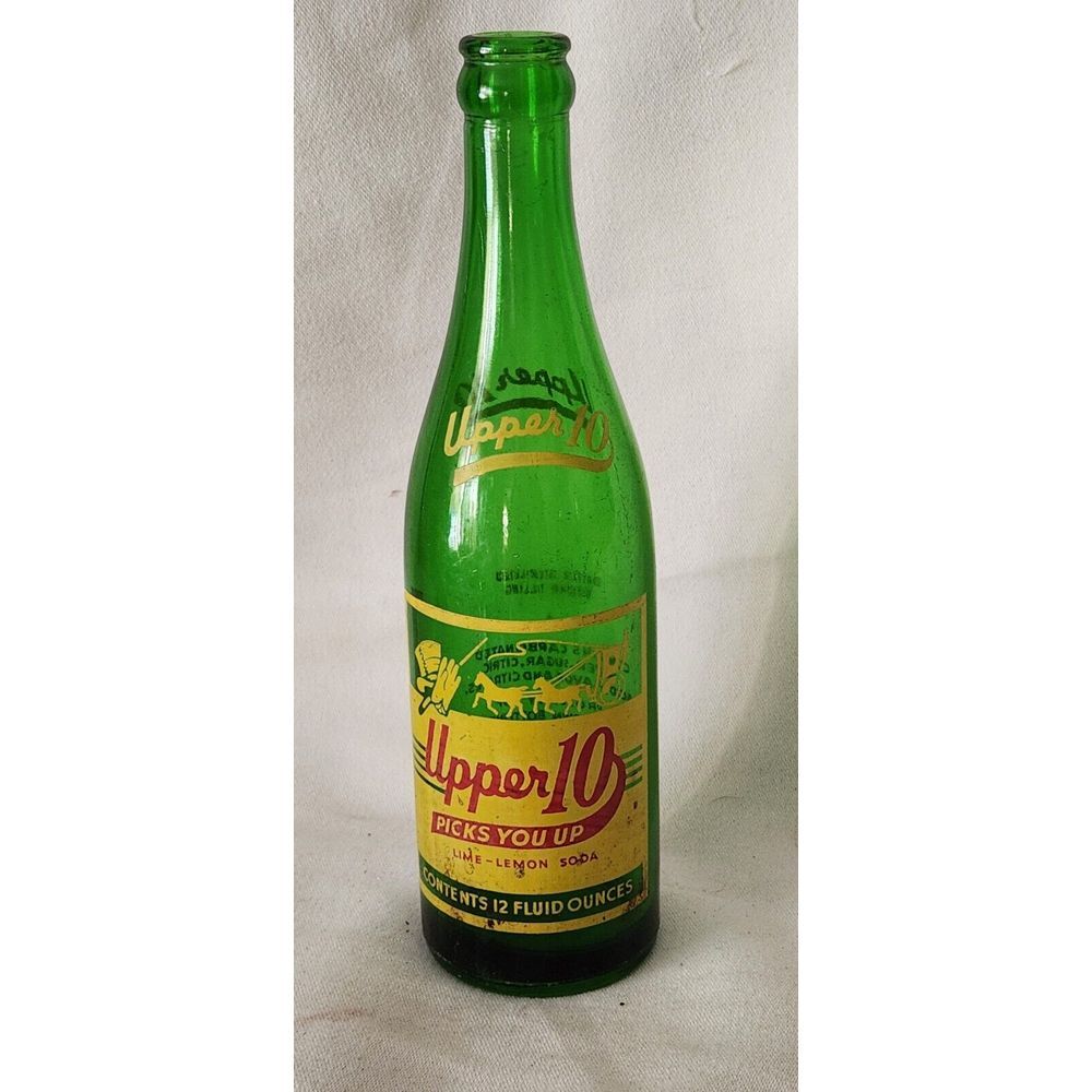 Vintage Upper 10 Green‎ Glass Lemon Lime Soda Bottle 12 oz